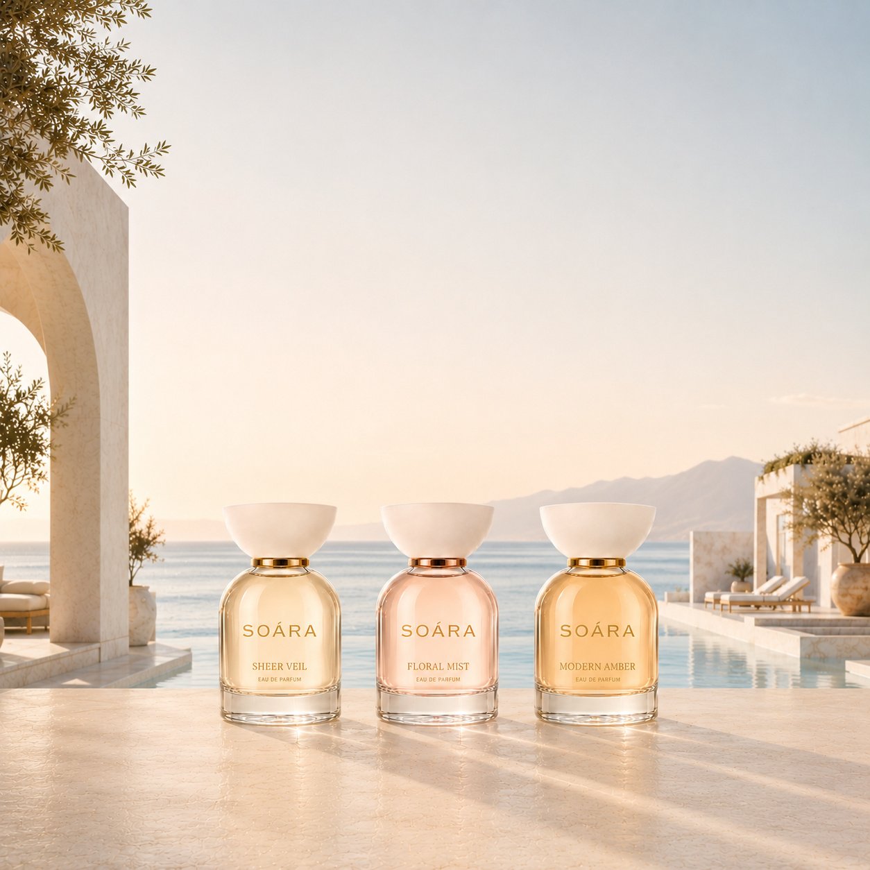 Soára fragrances on a poolside terrace