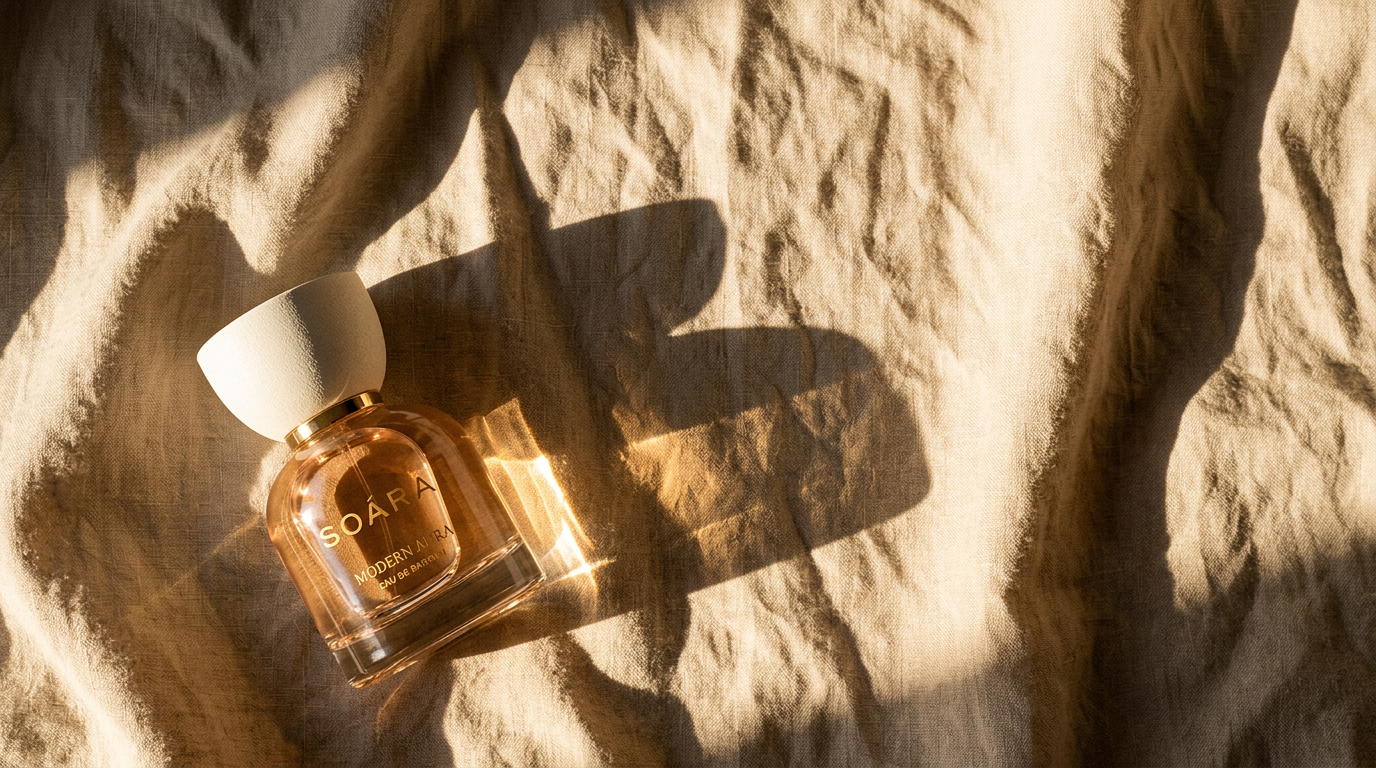 Modern Aura eau de parfum resting on sunlit linen