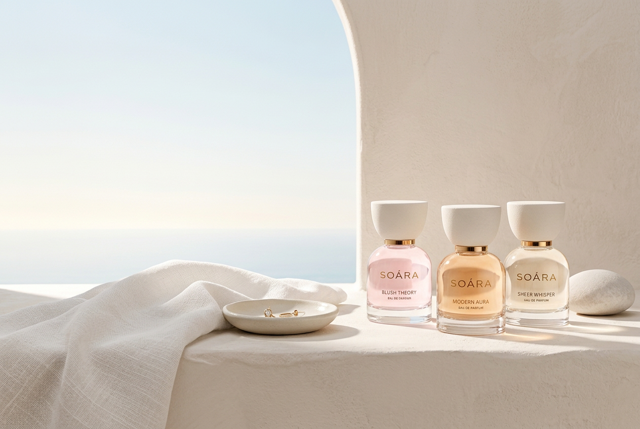 Three Soára eau de parfum bottles on a sunlit Mediterranean vanity